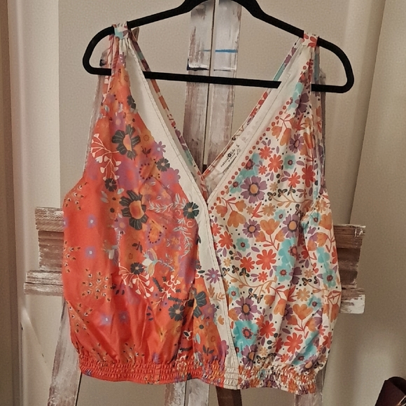 NATURAL LIFE Tops - NATURAL LIFE Floral Patchwork Blouse - Orange, Cream, Turquoise